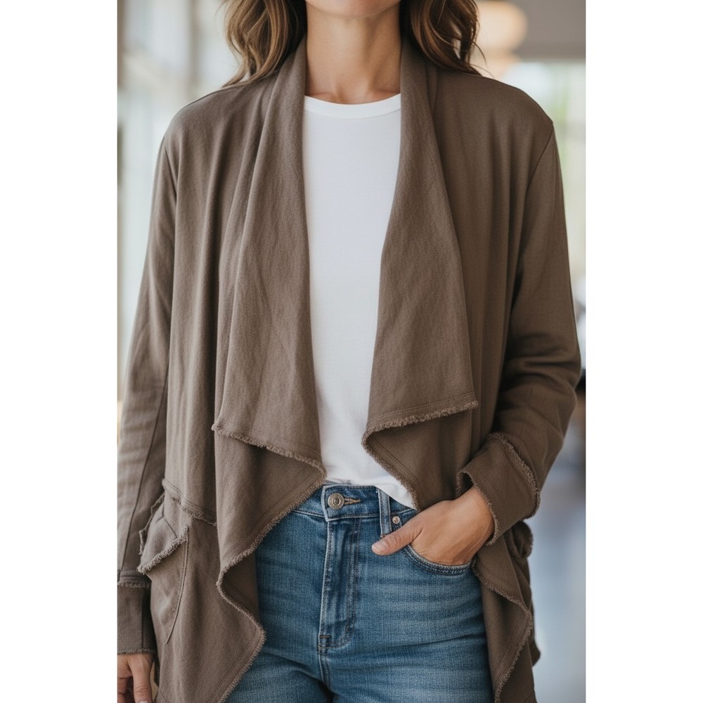 Free People Briwn Tan Linen Belted Waterfall Jacket Raw edge detail Boho SZ XS